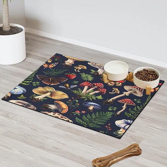 Autumn Mushrooms Dog Food Mat for Floors Absorbent Dog Bowl Mat for Food and Water Dispenser Quick Dry Cat Food Placemat Pet Supplies 17" x 30", Boho Leaves