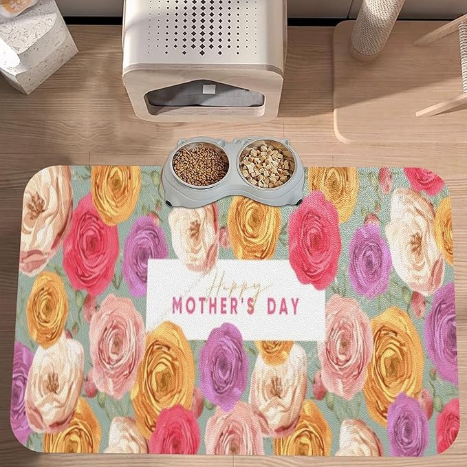 Dog Food Mats for Floors Absorbent Pet Cat Food Mat Happy Mother's Day Floral Gift for Mom Gp Non Slip Dogs Bowl Mats Water Dog Placemats Feeding Mat Pet Supplies 24x16In