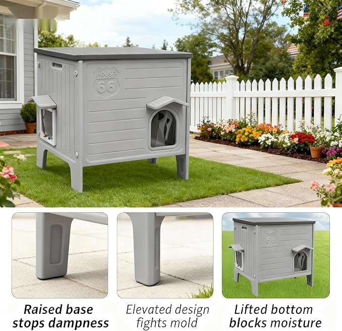Weatherproof Outdoor Insulated Cat House for Feral Cat, Plastic Elevated Cat Shelter with Escape Door, Easy Assemble, Expansive Interior‌ Grey 27.0" L x 27.0" W x 21.0" H