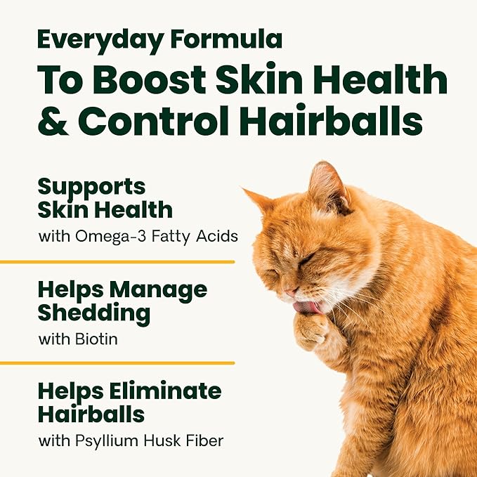VetriScience Hairball Control Chews, Gentle Hairball Remedy for Cats, Omega-3 and Fiber Supplement, Support Digestion and Skin and Coat, Reduce Hairballs, Tasty Small Bites, Chicken, 60 Count