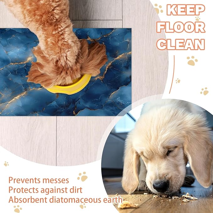 Blue Marble Dog Food Mat for Floors Absorbent, Quick Dry Water Dispenser Mat for Food, Water, Pet Supplies 24" x 32", Modern Abstract