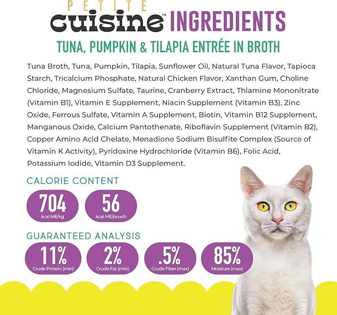 PETITE CUISINE Whole Foods Wet Cat Food, Tuna, Pumpkin & Tilapia Entree in Broth, 2.8 oz. Can (24 Count)