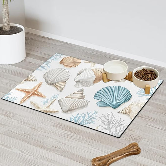 Starfish Coral Dog Food Mat for Floors Absorbent Dog Bowl Mat for Food and Water Dispenser Quick Dry Cat Food Placemat Pet Supplies 16" x 24", Ocean Theme