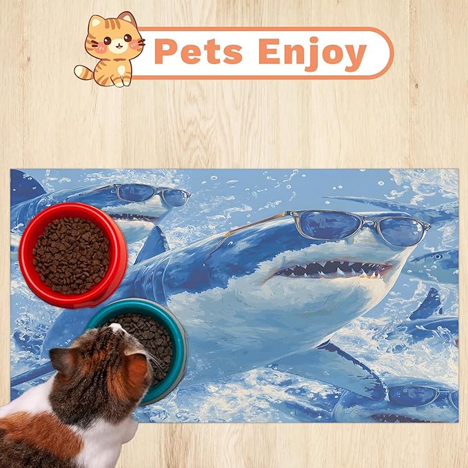 Cool Sharks Dog Food Mat for Floors Absorbent Dog Bowl Mat for Food and Water Dispenser Quick Dry Cat Food Placemat Pet Supplies 24" x 32", Coastal Nautical