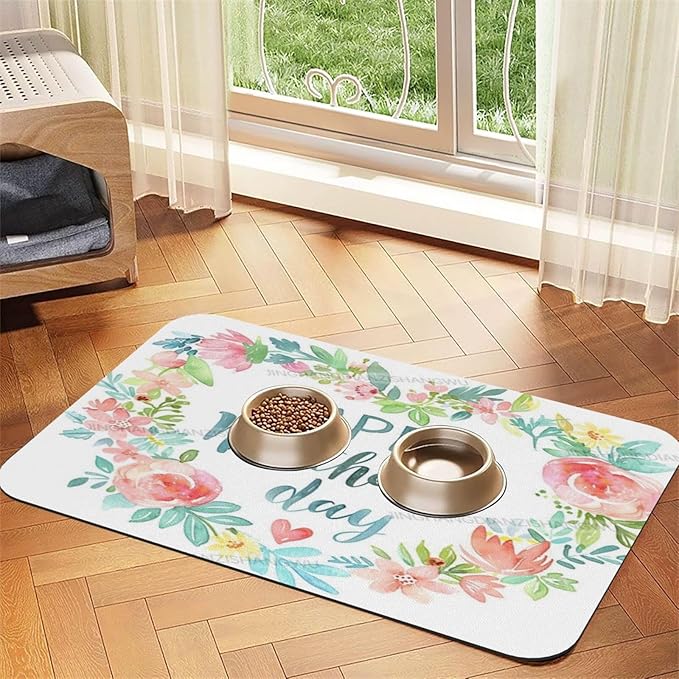 Pet Cat Dog Food Mat Absorbent Dog Feeding Mat Happy Mother's Day Floral Gift Mom Ec No Stains Cat Food Mats Indoor Pet Accessories Supplies Dogs Placemat Water Bowl Mats with Rubber Backing 24x16In