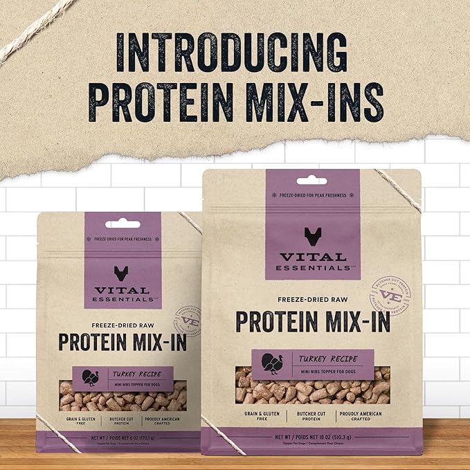 Vital Essentials Freeze Dried Raw Dog Food Topper, Turkey Mini Nibs Topper for Dogs | High Protein, Low Carb, Grain Free, Dry Dog Food Topper | 6 oz