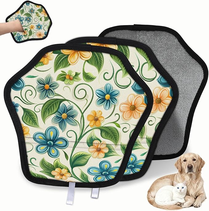 Reusable Pet Hair Removal Glove Cute Flower Leaf Magic Brush for Cat & Dog Hair Remover for Car, Sofa, Bedding, Clothes - 9x9 Mitt Washable