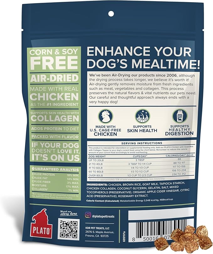 Plato Pet Treats Dog Food Toppers - Air-Dried Dog Food Toppers for Dry Food - with Collagen to Support Skin and Coat Health - Goat Milk & Collagen Recipe 12oz