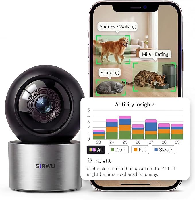 AI Pet Camera, 2K 3MP Dog Camera with AI Multi-Pet Recognition & Behavior Analysis, 360° View Cat Monitor, Dual-Band WiFi, Gray