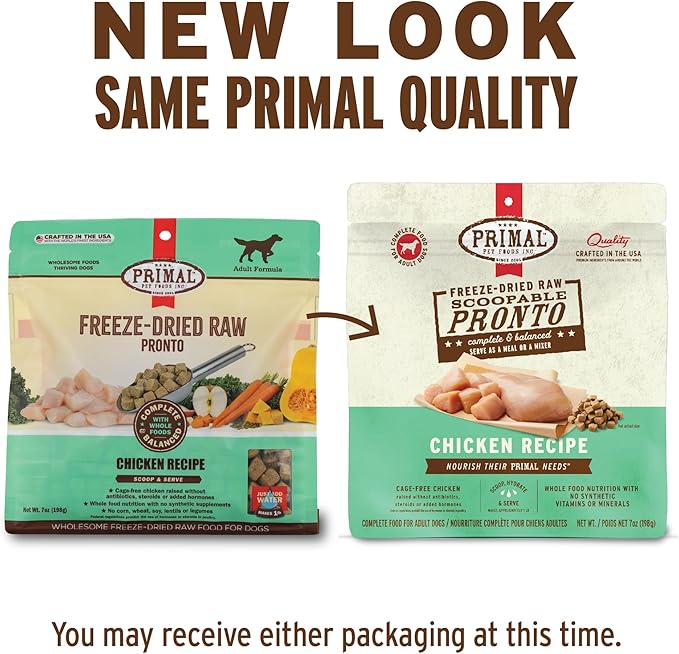 Primal Freeze Dried Dog Food, Pronto Mini Nuggets, Chicken; Scoop & Serve, Complete & Balanced Meal; Also Use As Topper or Treat; Premium, Healthy, Grain Free, High Protein Raw Dog Food (25 oz)