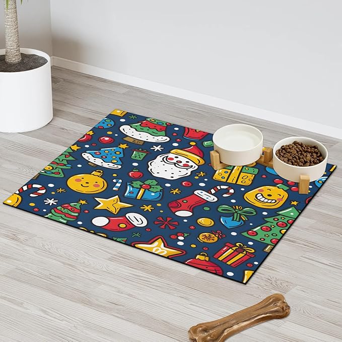 Cute Christmas Dog Food Mat for Floors Absorbent, Quick Dry Water Dispenser Mat for Food, Water, Pet Supplies 12" x 20", Tree Santa Claus