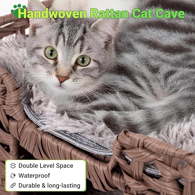 Handwoven Rattan Cat House w/ 2 Cushions, Wicker Cat Bed Indoor Kitten House, Waterproof & Foldable Pet Cube Bed, Brown, 16.5”L x 16.5”W x 12.6”H