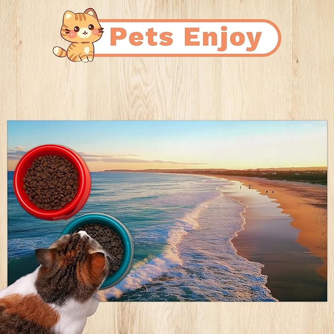 Ocean Beach Dog Food Mat for Floors Absorbent, Quick Dry Water Dispenser Mat for Food, Water, Pet Supplies 24" x 32", Teal Blue Coastal