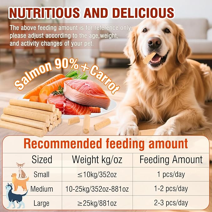 100g/3.52oz Dehydrated Salmon Sticks for Dog,Natural Salmon and Carrots,Easy to Digest and High Protein,for Daily Dog Training and Dental Healthy
