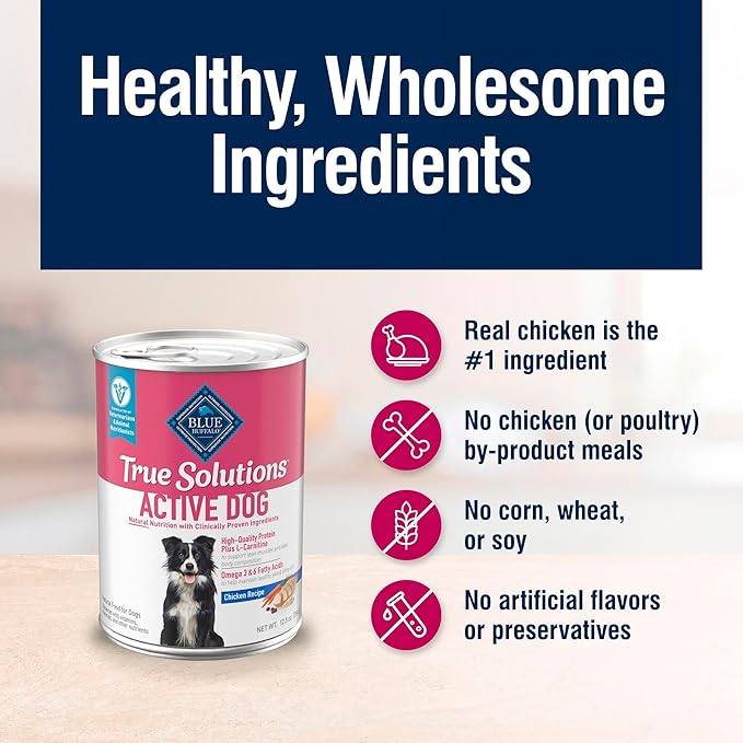 Blue Buffalo True Solutions Active Dog Wet Dog Food for Active Adult Dogs, Made with Natural Ingredients, Chicken, 12.5-oz. Cans (12 Count)