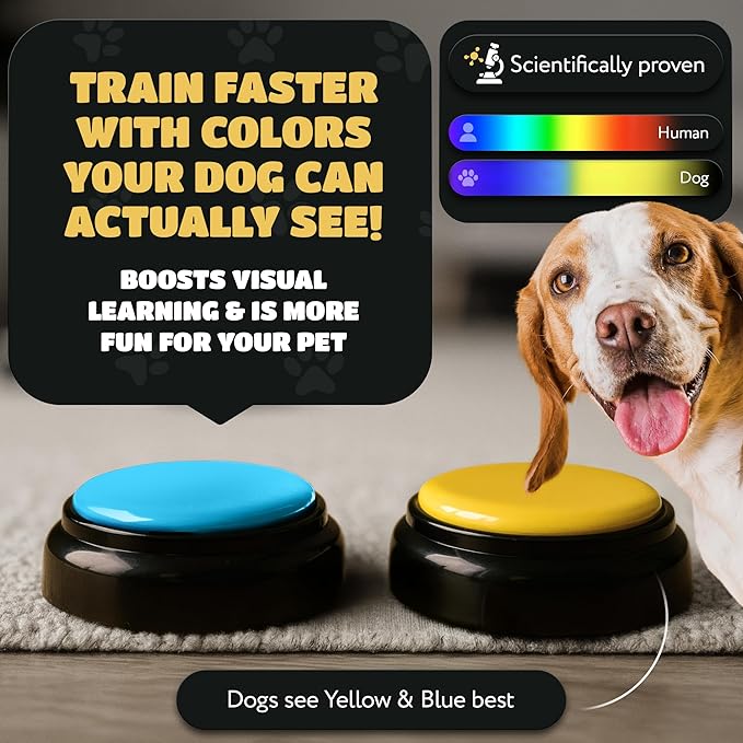 KUL KING'S Waterproof & Non-Slip Dog Command Buttons - 4 Recordable Buttons with Batteries, Stickers, Training Guide - Talking Dog Buttons for Communication