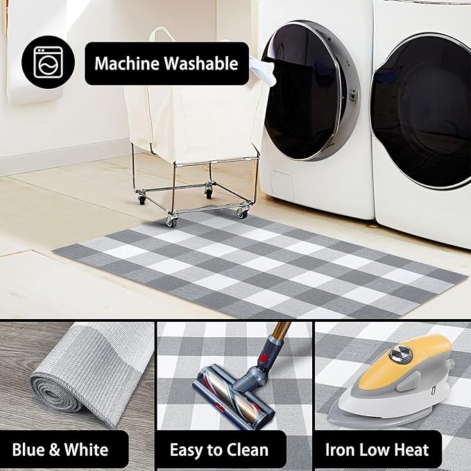 KOZYFLY Buffalo Plaid Area Rugs 2x3 Ft Gray and White Checkered Rug Washable Front Door Mat Hand Woven Cotton Outdoor Rug Small Rug for Front Porch Kitchen Entryway Patio Bathroom