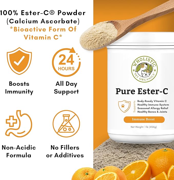 Wholistic Pet Organics Ester-C Powder for Dogs & Cats - Cat & Dog Allergy & Itch Relief - Vitamin C Immune Support Supplement - Itchy Skin Support for Seasonal Dog Allergy Relief - 1 lb - 454 Scoops