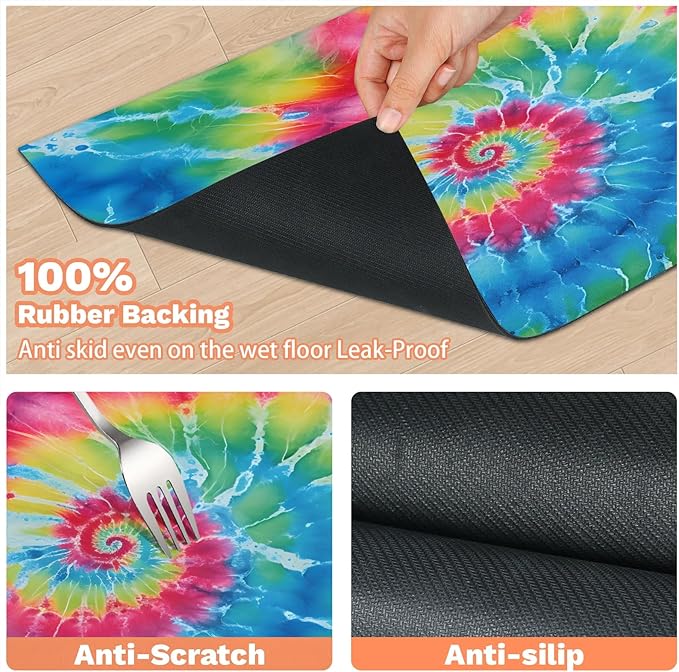 Colorful Tie Dye Dog Food Mat for Floors Absorbent, Quick Dry Water Dispenser Mat for Food, Water, Pet Supplies 16" x 24", Rainbow