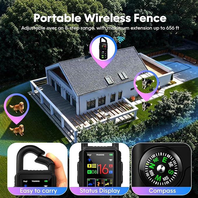 Wireless Dog Fence System for 2 Dogs with Lighting, Adjustable 5 in 1 Electric Fence with Remote, 8 Adjustable Range, 3 Training Mode, Waterproof Training Collar Rechargeable