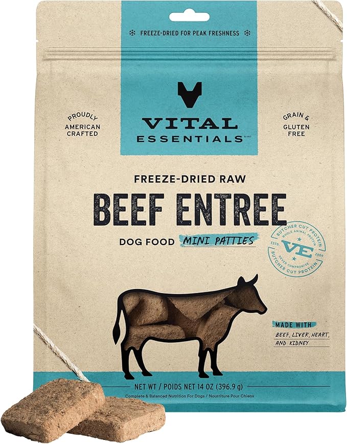 Vital Essentials Freeze Dried Dog Food, Raw Beef Mini Patties | Complete Meal or Topper | High Protein, Grain Free Dry Dog Food | 14 oz Bag