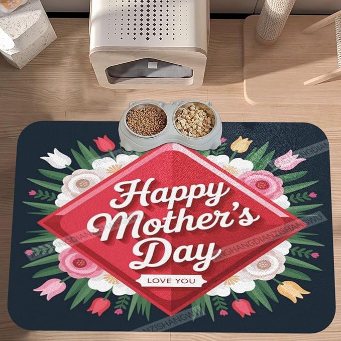 Pet Cat Dog Food Mat Absorbent Dog Feeding Mat Happy Mother's Day Floral Gift Mom Ev No Stains Cat Food Mats Indoor Pet Accessories Supplies Dogs Placemat Water Bowl Mats with Rubber Backing 24x16In