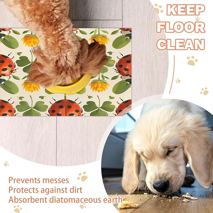 Boho Ladybird Dog Food Mat for Floors Absorbent, Quick Dry Water Dispenser Mat for Food, Water, Pet Supplies 17" x 30", Flower