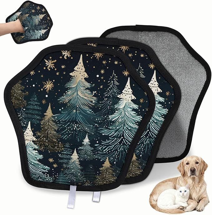Reusable Pet Hair Removal Glove Winter Trees Magic Brush for Cat & Dog Hair Remover for Car, Sofa, Bedding, Clothes - 9x9 Mitt Washable