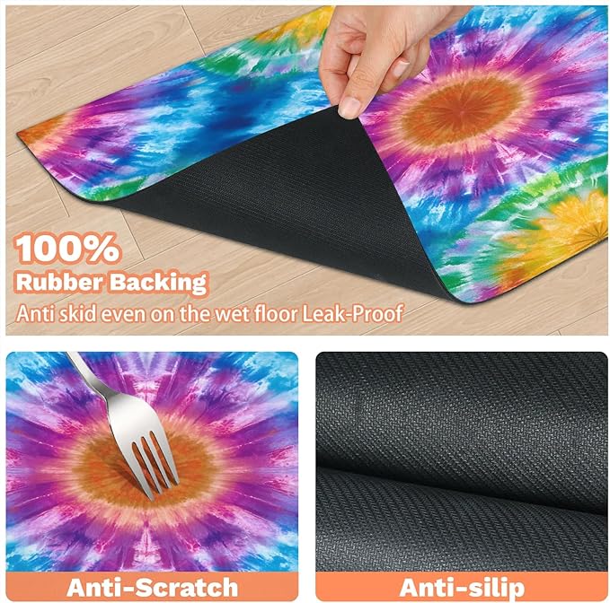 Tie Dye Dog Food Mat for Floors Absorbent, Quick Dry Water Dispenser Mat for Food, Water, Pet Supplies 17" x 30", Colorful Abstract