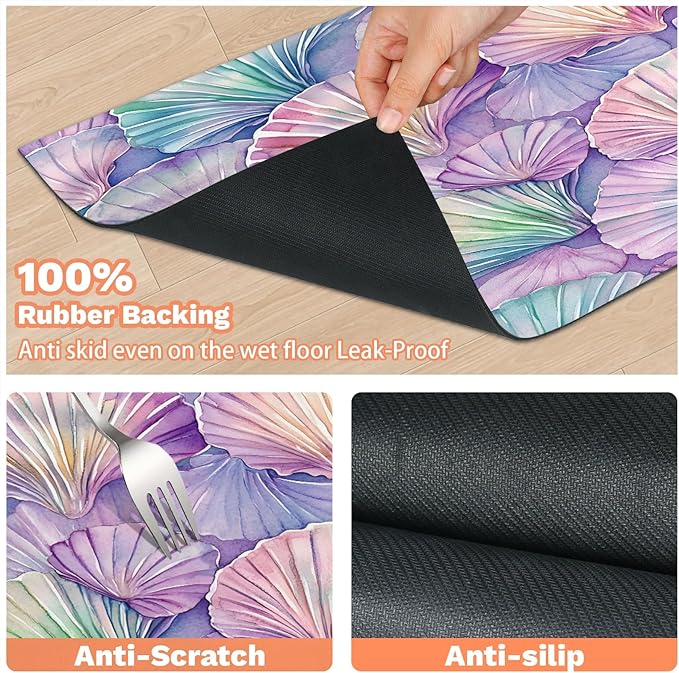 Watercolor Shell Dog Food Mat for Floors Absorbent Dog Bowl Mat for Food and Water Dispenser Quick Dry Cat Food Placemat Pet Supplies 12" x 20", Coastal Seashell