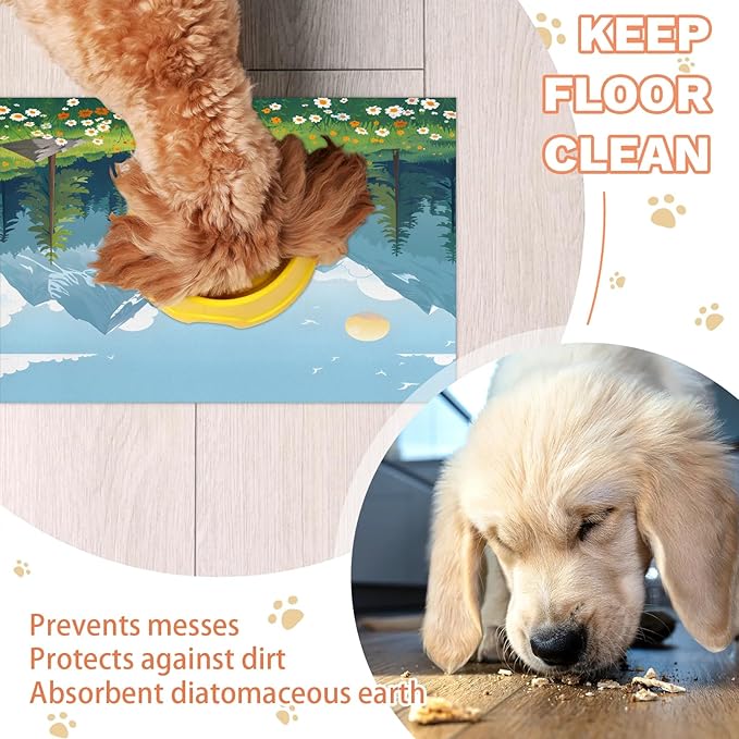 Mountain Dog Food Mat for Floors Absorbent, Quick Dry Water Dispenser Mat for Food, Water, Pet Supplies 24" x 32", Woodland