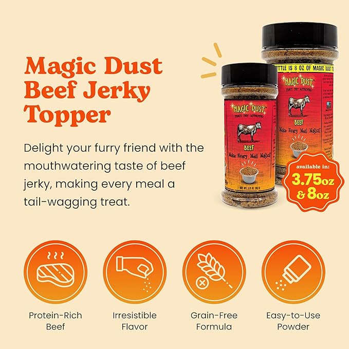 Wild Meadow Farms - Magic Dust Beef Jerky Topper, Single Protein Pet Food Topper for Dogs and Cats, Enhance Flavor & Elevate Mealtime Excitement for Picky Eaters - 3.5 Ounce Bottle in Beef Flavor