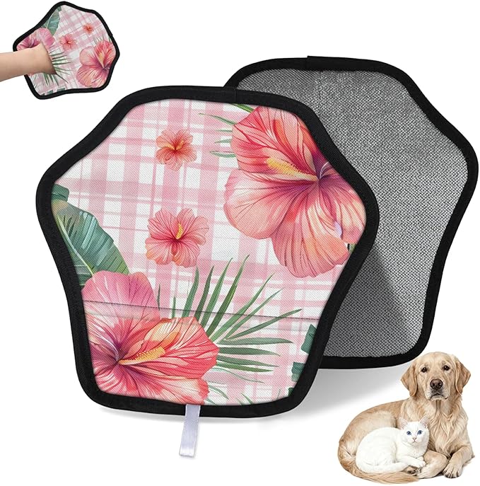 Reusable Pet Hair Removal Glove Tropical Flower Palm Leaves Magic Brush for Cat & Dog Hair Remover for Car, Sofa, Bedding, Clothes - 9x9 Mitt Washable