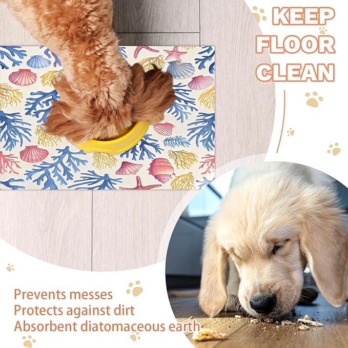Nautical Beach Dog Food Mat for Floors Absorbent Dog Bowl Mat for Food and Water Dispenser Quick Dry Cat Food Placemat Pet Supplies 24" x 32", Watercolor Coral
