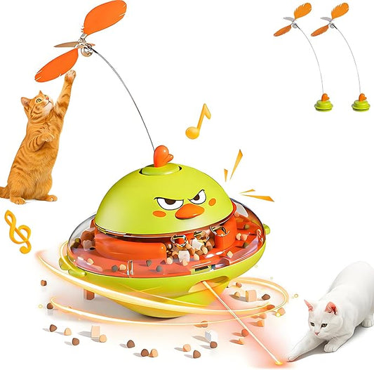 hooroor 4-in-1 Interactive Cat Toy for Indoor Cats: Automatic Laser Pointer, Feather Teaser, Treat Dispenser & Bird Chirp - USB-C Rechargeable Self-Balancing Toy to Relief Boredom & Anxiety