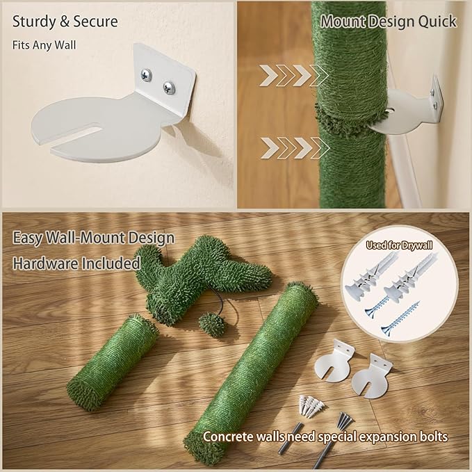 Wall Mounted Cat Scratcher, 35” Extra-Tall Vertical Sisal Scratching Post for Large Cats, Space-Saving Wall Cat Scratcher with Hanging Ball Toy, Cactus Design, Green