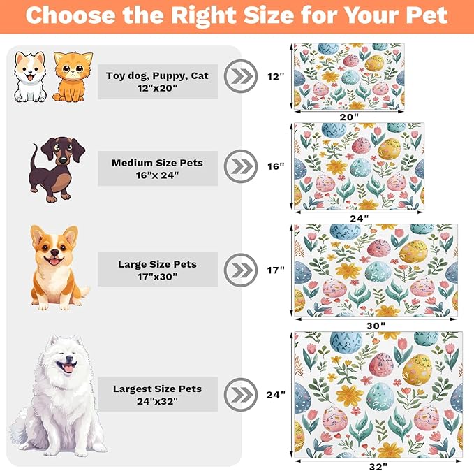 Easter Eggs Dog Food Mat for Floors Absorbent Dog Bowl Mat for Food and Water Dispenser Quick Dry Cat Food Placemat Pet Supplies 24" x 32", Colorful Floral