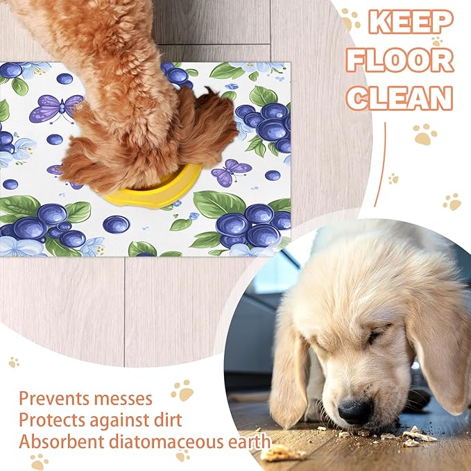 Blueberry Fruit Dog Food Mat for Floors Absorbent Dog Bowl Mat for Food and Water Dispenser Quick Dry Cat Food Placemat Pet Supplies 16" x 24", Green Leave