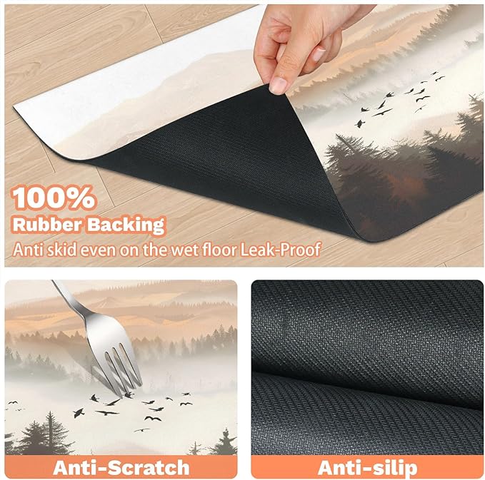 Misty Forest Dog Food Mat for Floors Absorbent, Quick Dry Water Dispenser Mat for Food, Water, Pet Supplies 16" x 24", Mountains Bird