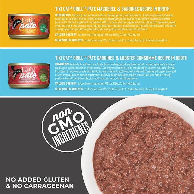 Tiki Cat Grill Pâté Variety Pack, Combinations of Real Flaked Fish, Wet High-Protein & High-Moisture Cat Food, 2.8 oz. Cans, 12 Count (Pack of 2)