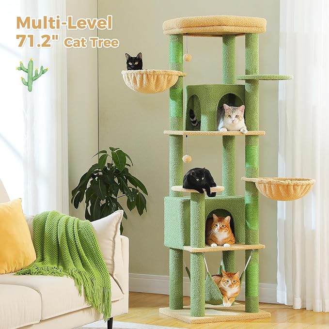 71.2 Inches Cactus Tall Cat Tree for Large Cats, Multi-Level Cat Tower with 2 Cozy Condos, Super Large Top Perch, 3 Hammocks, Sisal Scratching Posts and 2 Pompoms, Green