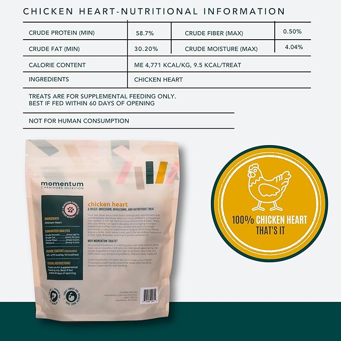 Momentum Carnivore Nutrition Freeze-Dried Chicken Heart Dog Treats & Cat Treats – Single-Ingredient, High-Protein, Grain-Free, Naturally Nutrient-Rich – Made in USA – 3.5 oz Bag