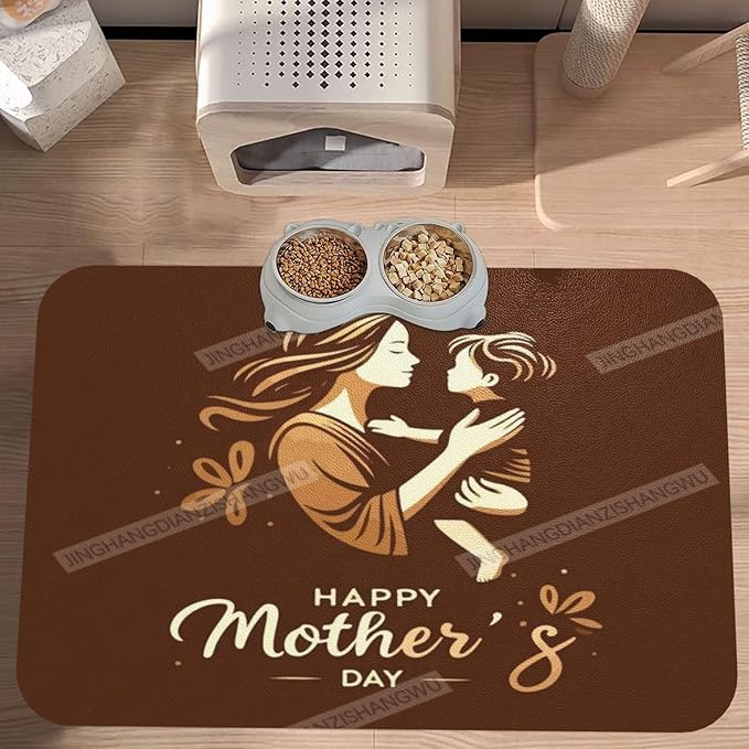 Pet Cat Dog Food Mat Absorbent Dog Feeding Mat Happy Mother's Day Floral Gift Mom Brown No Stains Cat Food Mats Indoor Pet Dogs Placemat Water Bowl Mats with Rubber Backing 18X12In
