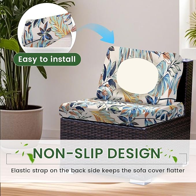 HANDONTIME 8Pcs Outdoor Patio Cushion Covers Leaves Palms Stretch Couch Cushion Cover Patio Couch Slipcover for Outdoor/Indoor Washable Non-Slip Furniture Protector for Pet (Blue, Cover Only)