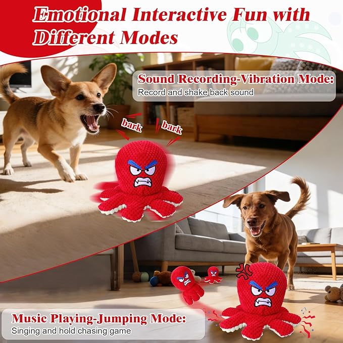 Mity rain Interactive Dog Toys Octopus with Thicken Plush, Moving Dog Toy with Recording Mode Shaking & Singing Mode Bouncing, Funny Ball Jumping to Keep Them Busy & Chase, Rechargeable (No Zipper)