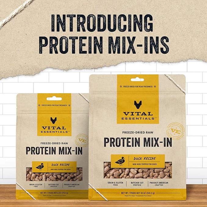 Vital Essentials Freeze Dried Raw Dog Food Topper, Duck Mini Nibs Topper for Dogs | High Protein, Low Carb, Grain Free, Dry Dog Food Topper | 18 oz