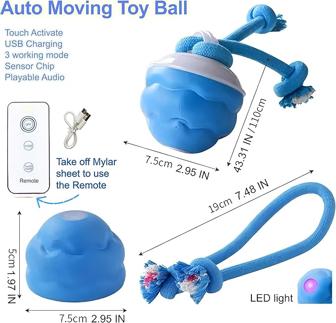 Dog Toy Bundle,3 Pack Interactive Balls,Automatic Moving&Rolling Dog Ball with RC+Chew Corn Toy+Chew Rope Toy,Moving Ball with USB Rechargeable