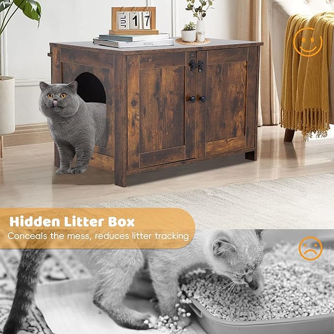Cat Litter Box Enclosure Furniture, Wooden Cat Bathroom Furniture Storage Cabinet with Removable Divider, Fit Most Cats and Litter Box