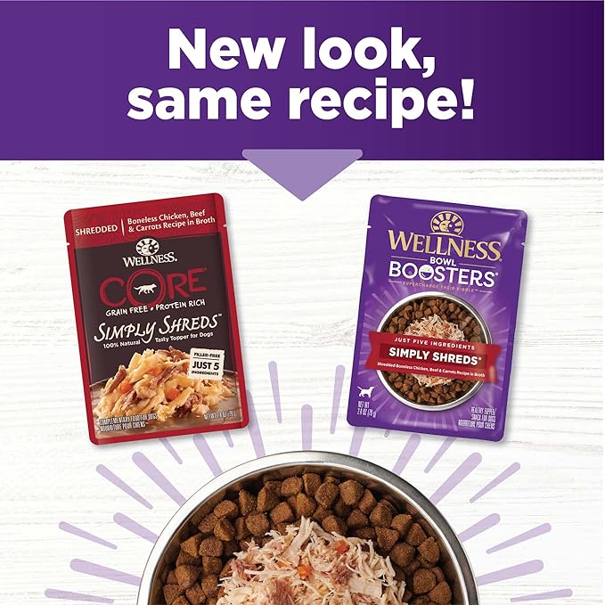 Wellness Bowl Boosters Simply Shreds Wet Dog Food Topper for Small, Medium, & Large Breeds, Grain Free, Natural, Chicken, Beef & Carrots, 2.8 Ounce Pouch (Pack of 12)