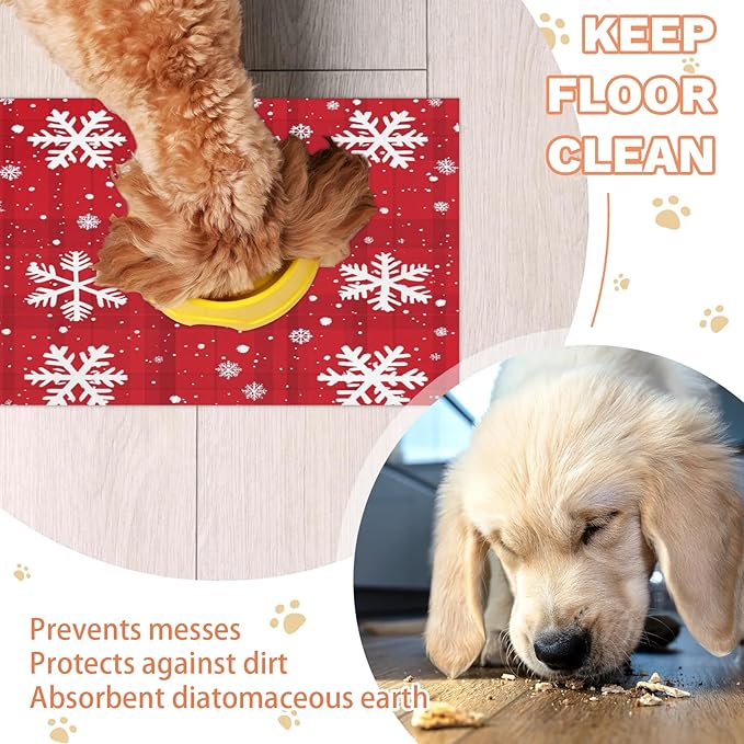 Xmas Snowflake Dog Food Mat for Floors Absorbent, Quick Dry Water Dispenser Mat for Food, Water, Pet Supplies 16" x 24", Christmas Snowflake